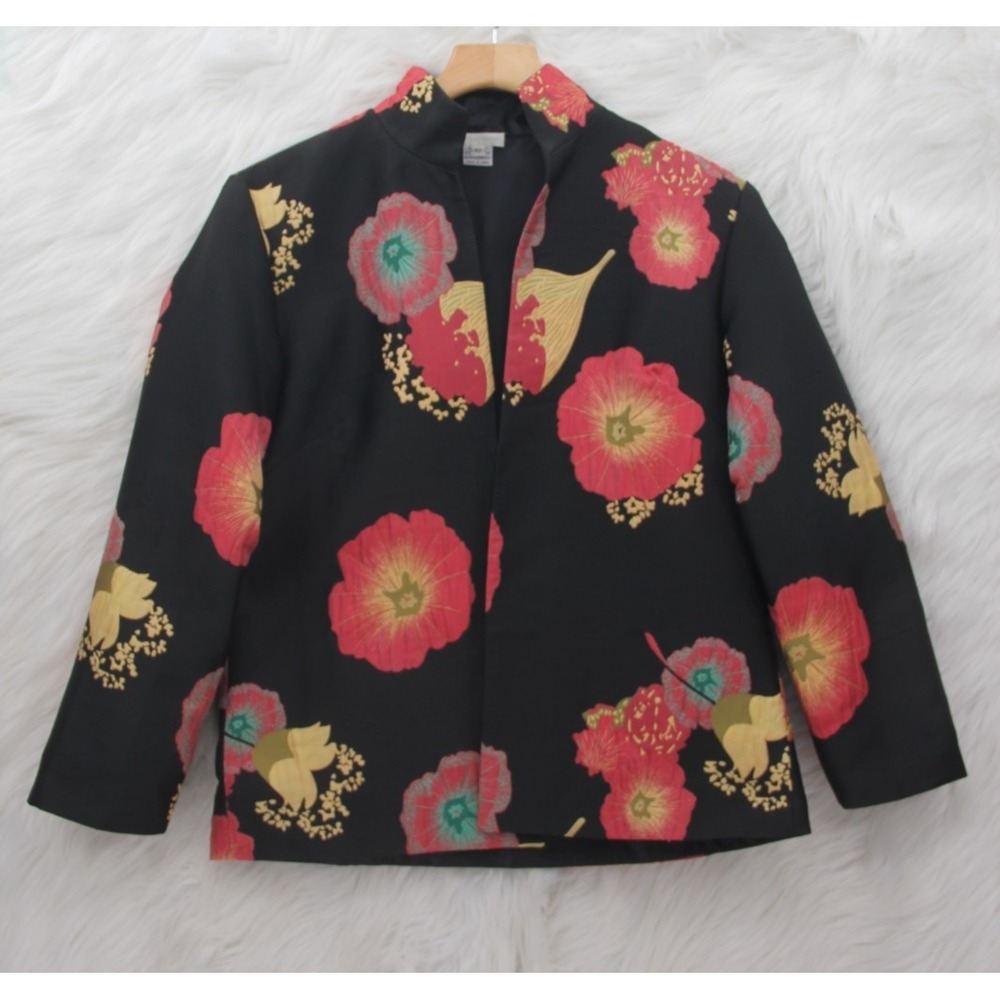 Design Exchange Womens Black Floral Blazer Open Front Size XS Art Contemporary